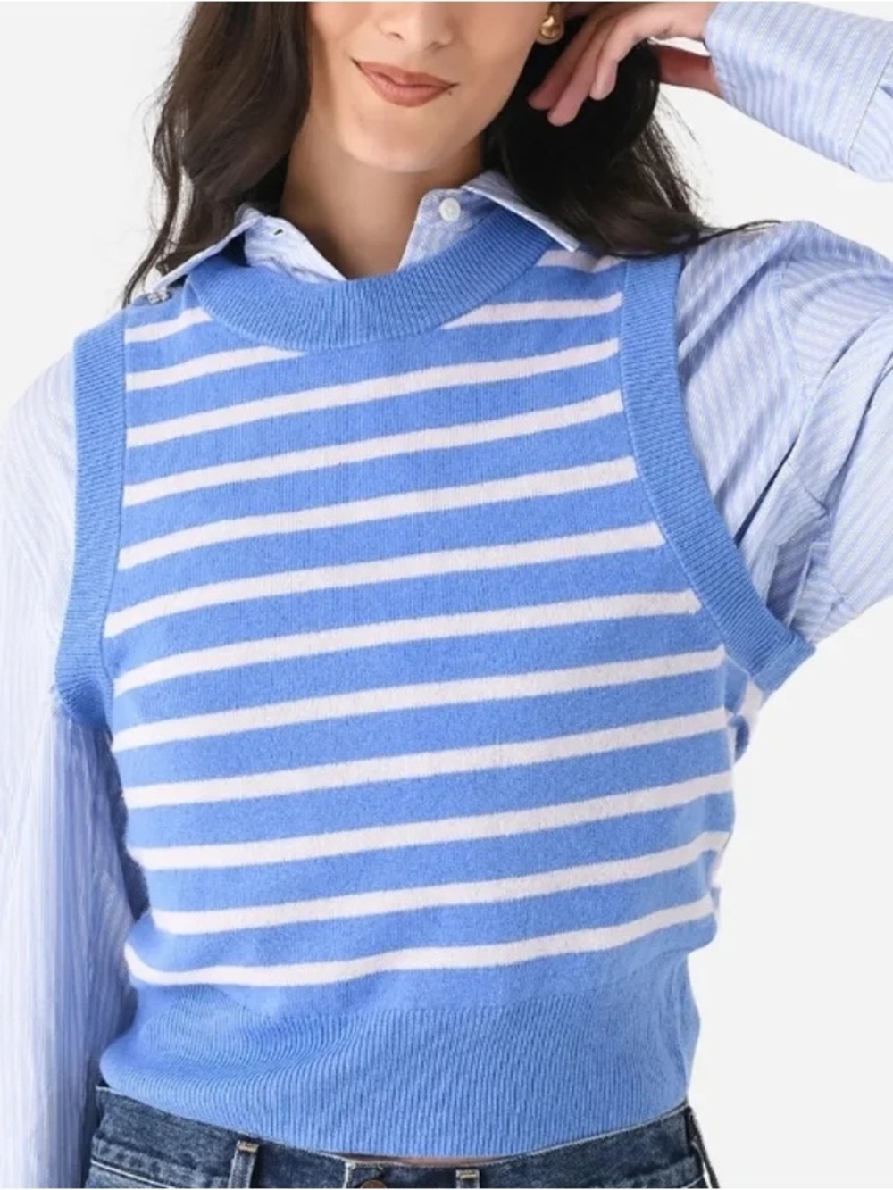 GANNI striped o-neck cashmere wool blend sweater vest blue pink approx medium